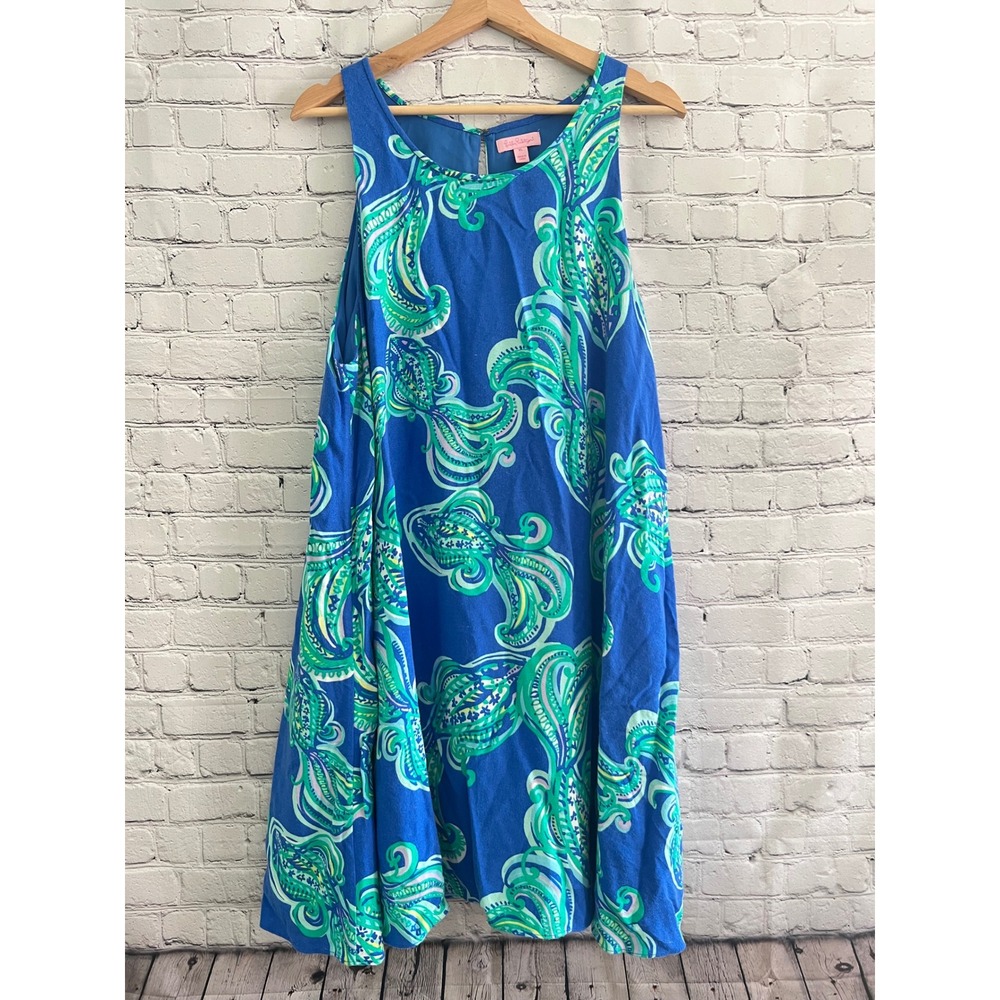Lilly Pulitzer Womens XL Blue Green Paisley Sleeveless Lined A-Line Swing Dress